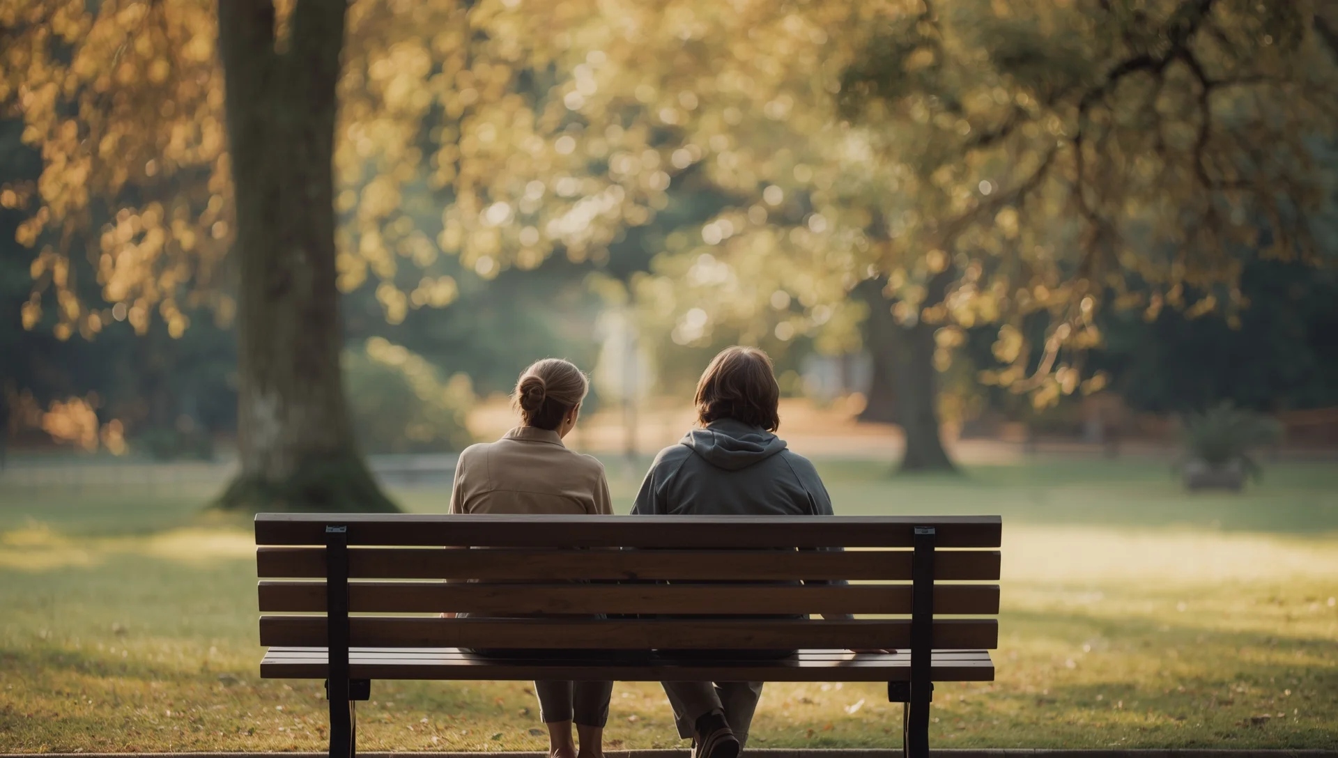 Two people sharing a supportive conversation on a park bench