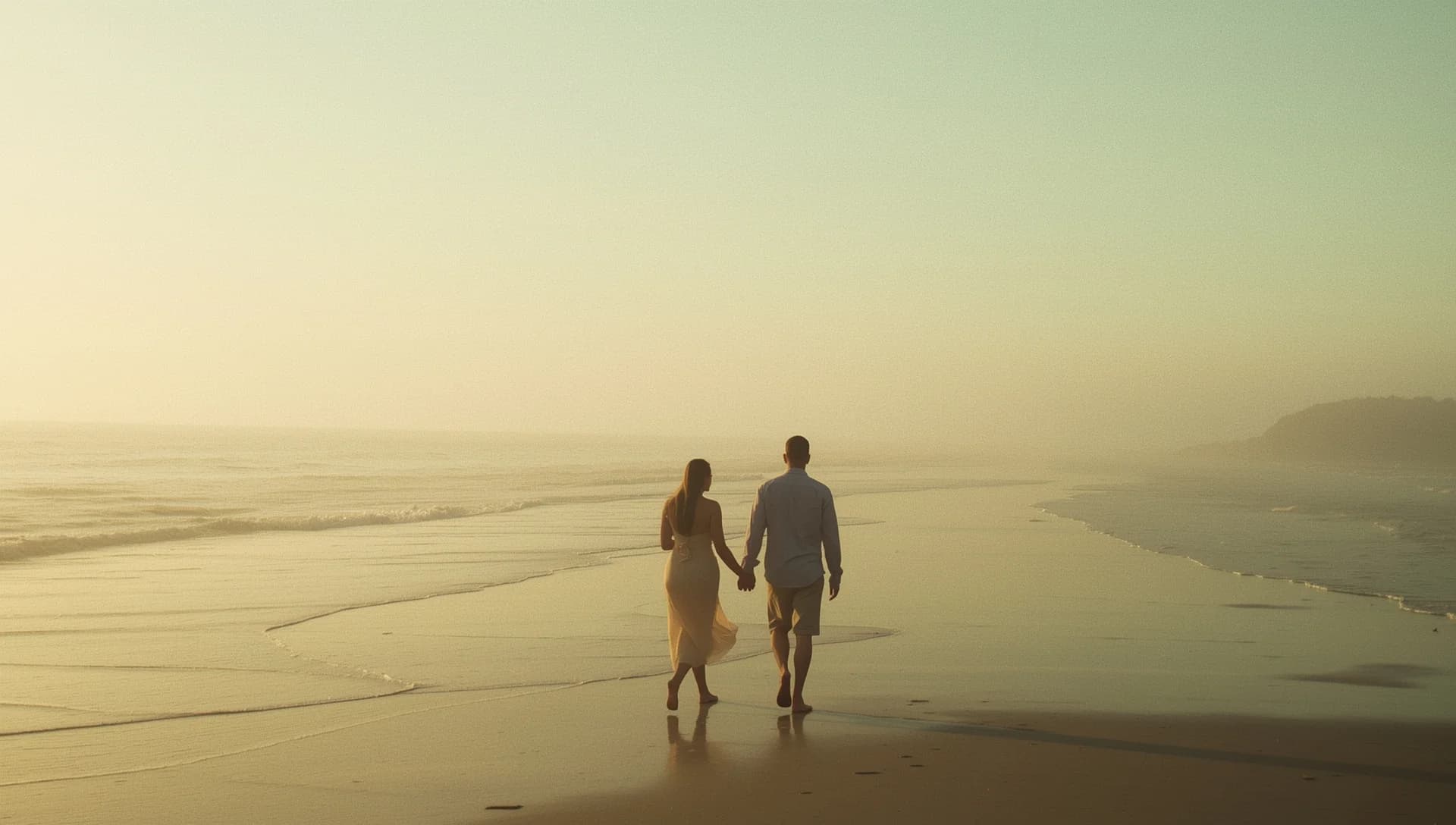 Two people holding hands and walking along a calm beach at sunset
