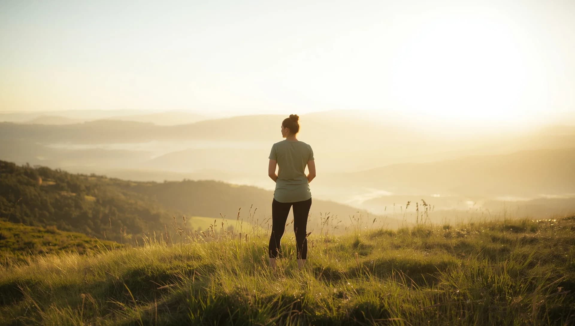 Young person standing outdoors looking toward a bright horizon with hope